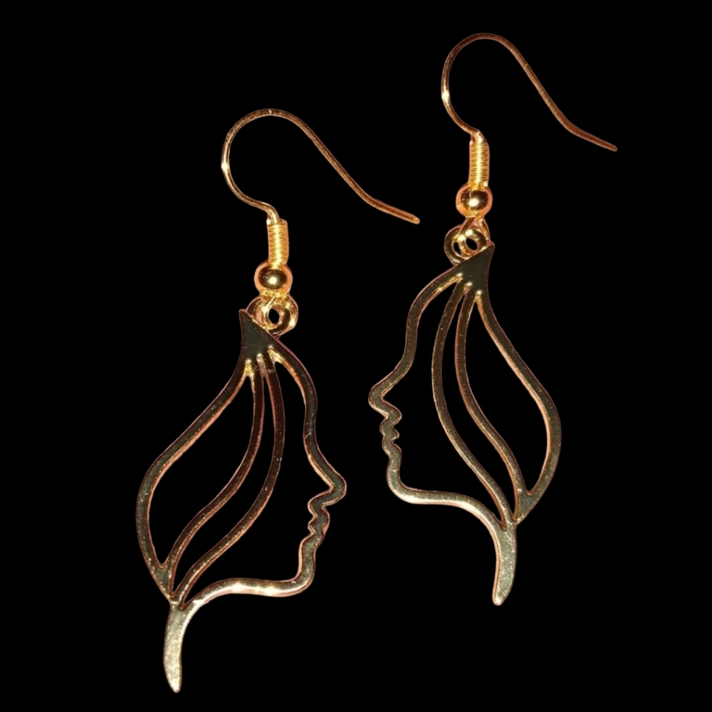 Abstract Woman Face Earrings Artistic Line Art Hair Lady Profile Gold Outline